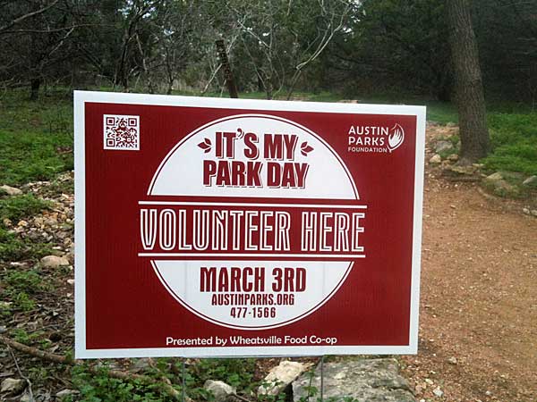 It's My Park Day sign on Homedale entry trail